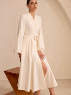 Button-Front Midi Dress with Belt and Long Sleeves