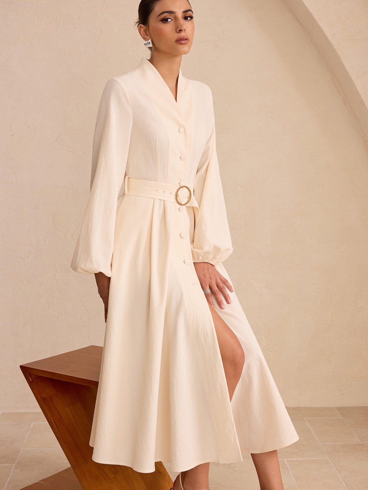 Button-Front Midi Dress with Belt and Long Sleeves