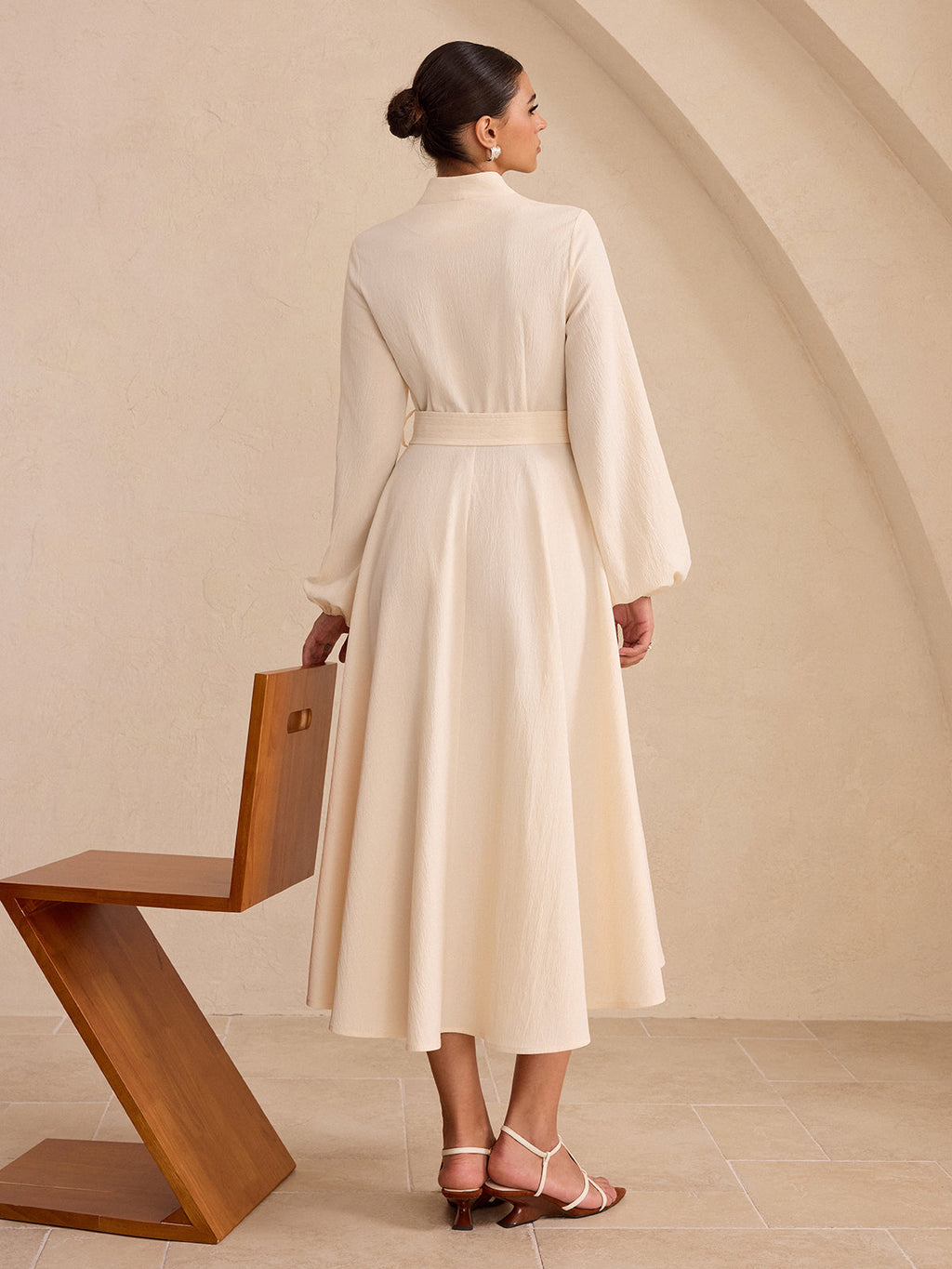 Button-Front Midi Dress with Belt and Long Sleeves