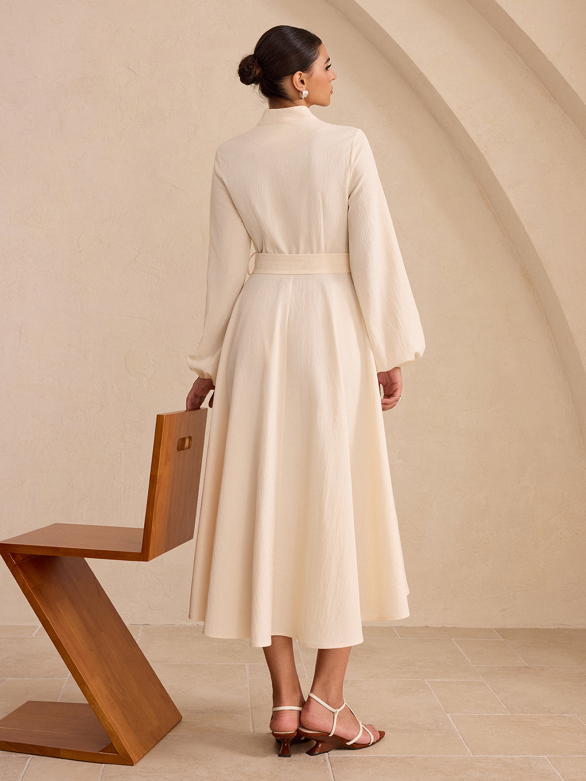 Button-Front Midi Dress with Belt and Long Sleeves