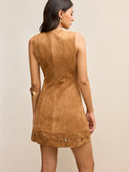 Floral Embroidered Suede Mini Dress, Sleeveless Style