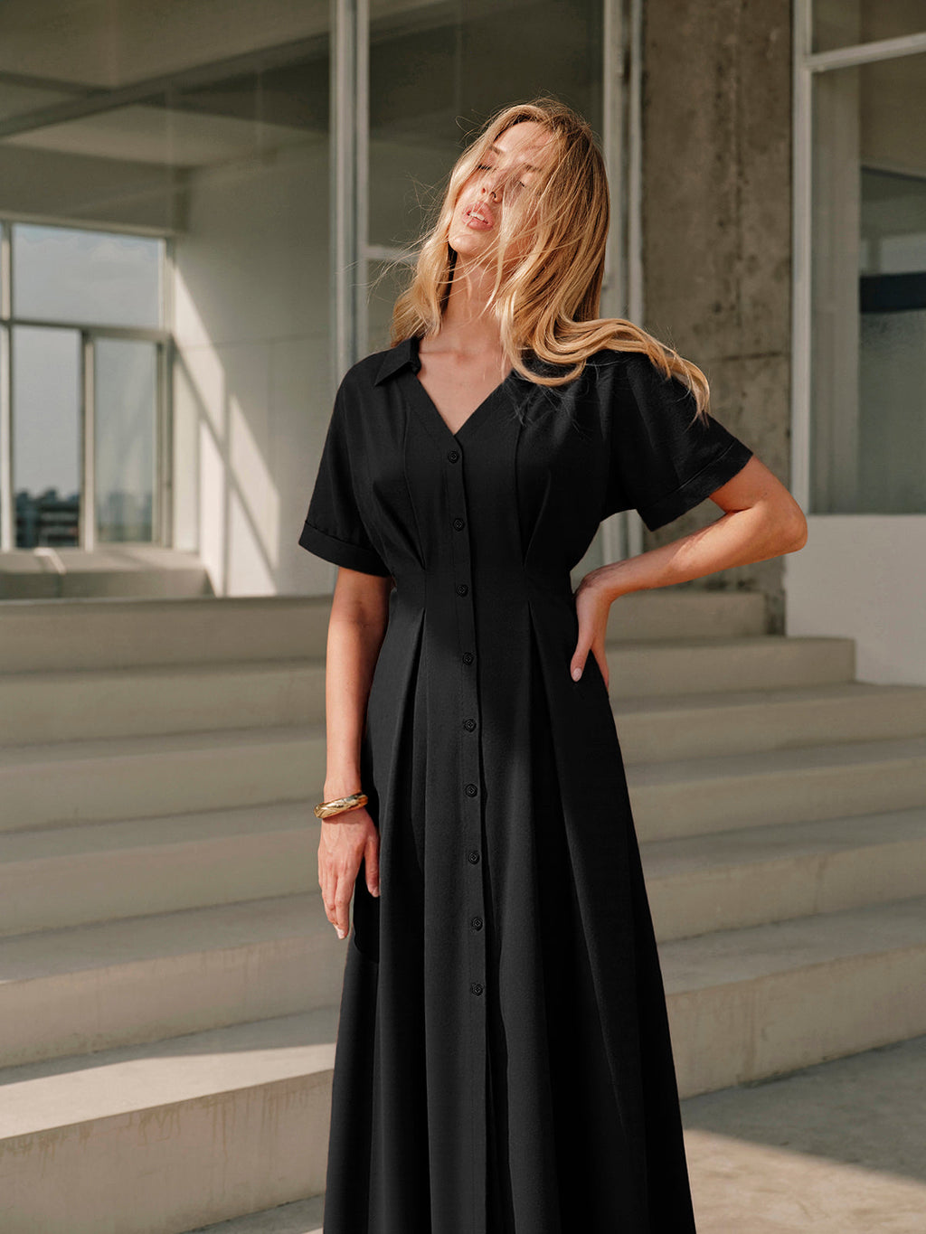 Button-Front Dress with Elegant Pleats