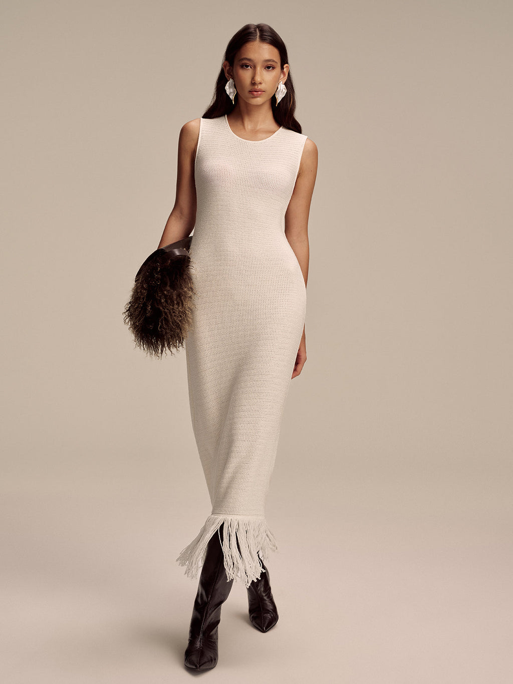 Sleeveless Knit Maxi Dress with Fringe Hem Detail