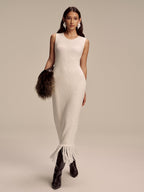 Sleeveless Knit Maxi Dress with Fringe Hem Detail