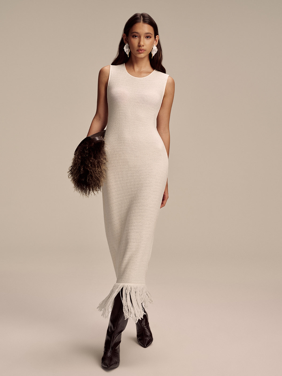 Sleeveless Knit Maxi Dress with Fringe Hem Detail