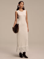 Sleeveless Knit Maxi Dress with Fringe Hem Detail