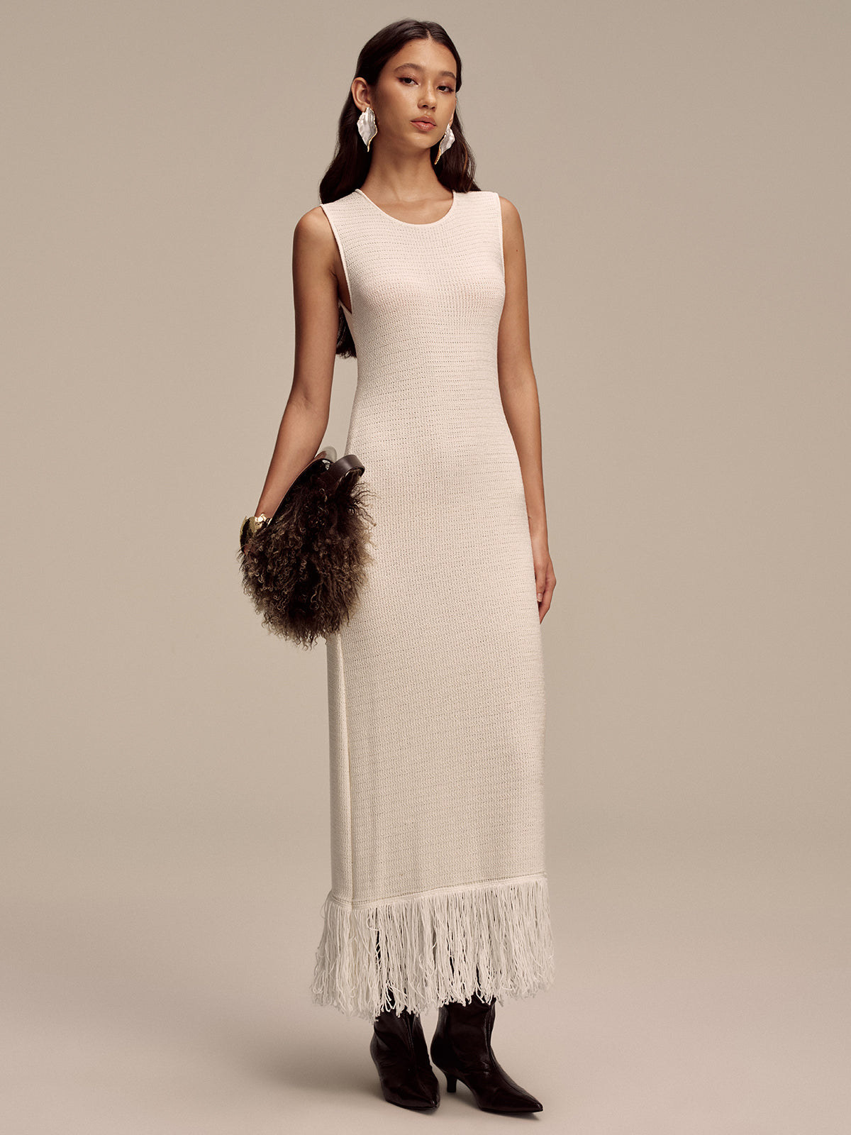 Sleeveless Knit Maxi Dress with Fringe Hem Detail