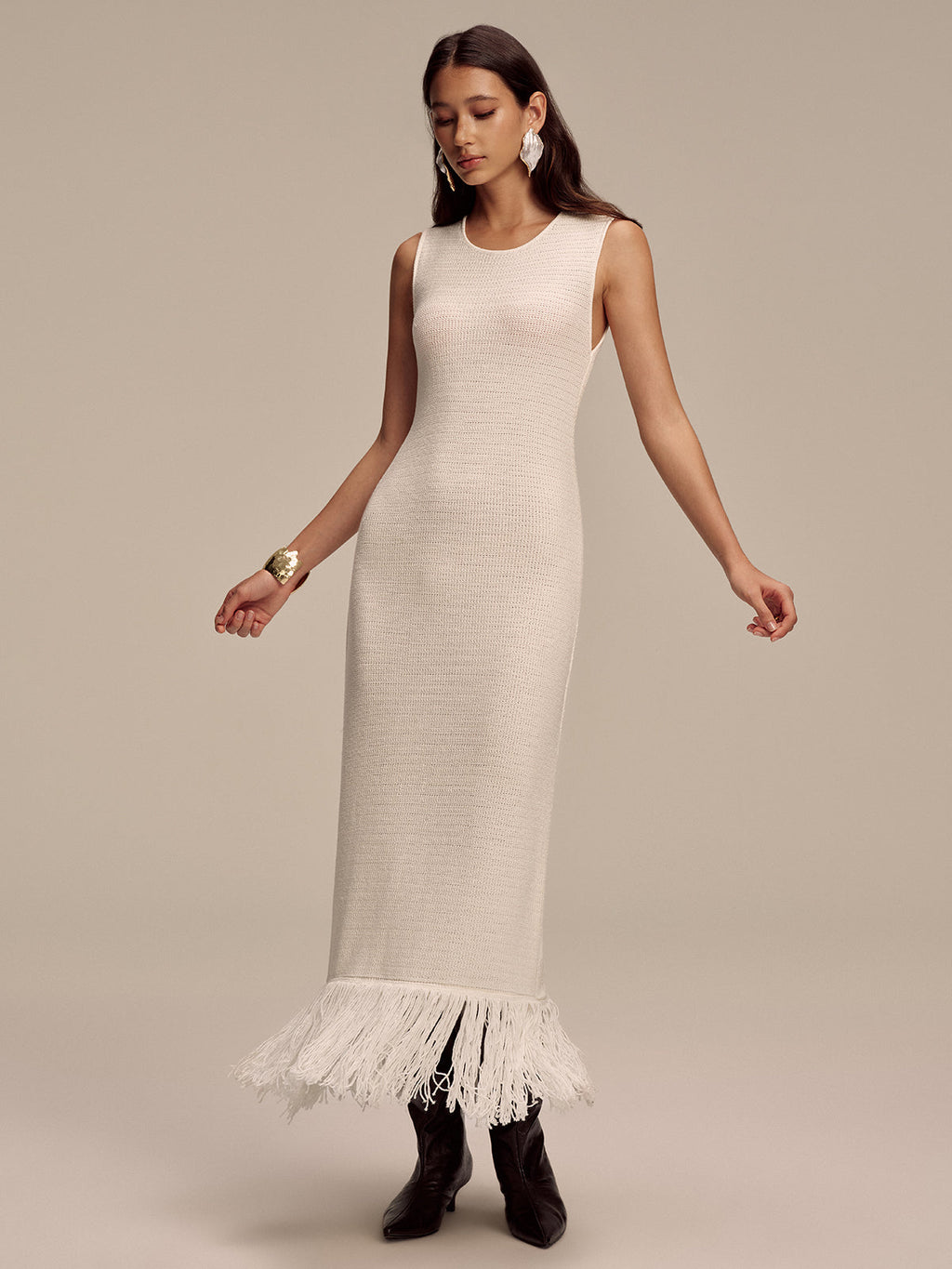Sleeveless Knit Maxi Dress with Fringe Hem Detail