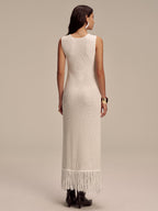 Sleeveless Knit Maxi Dress with Fringe Hem Detail