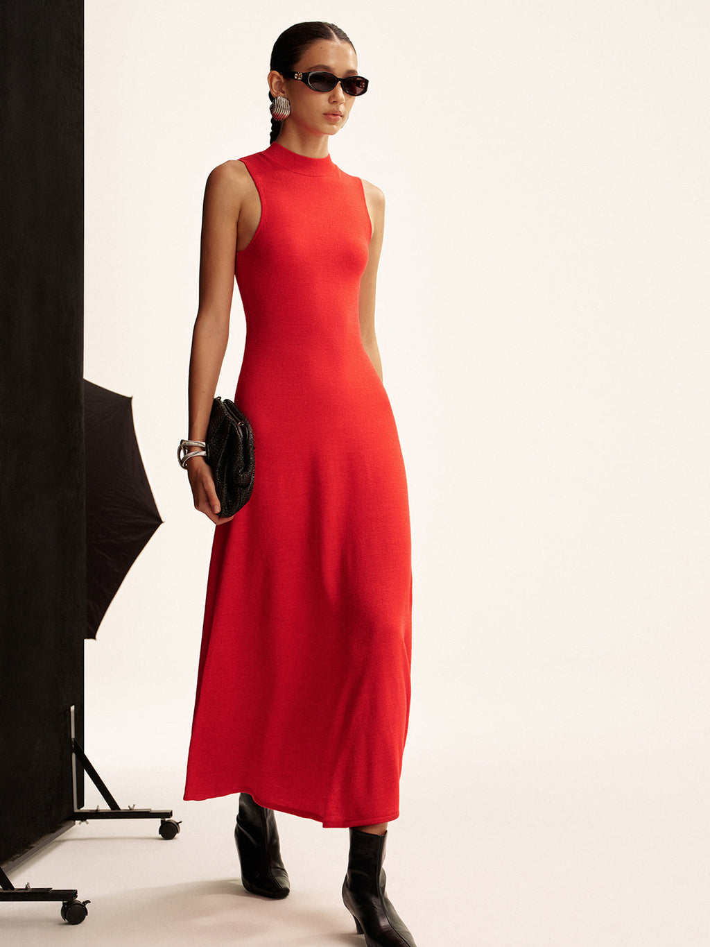 Mock Neck Wool Blend Maxi Dress Sleeveless Style