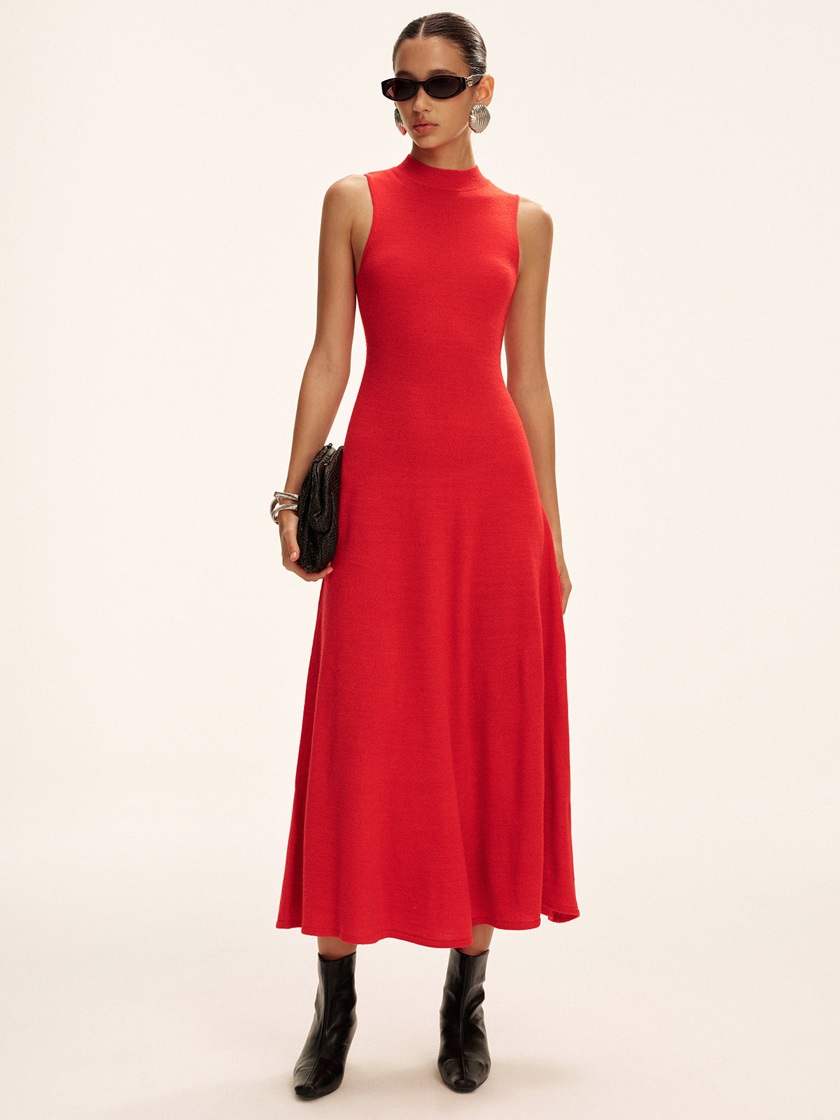 Mock Neck Wool Blend Maxi Dress Sleeveless Style