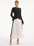 Dual-Tone Pleated Long Sleeve Midi Dress