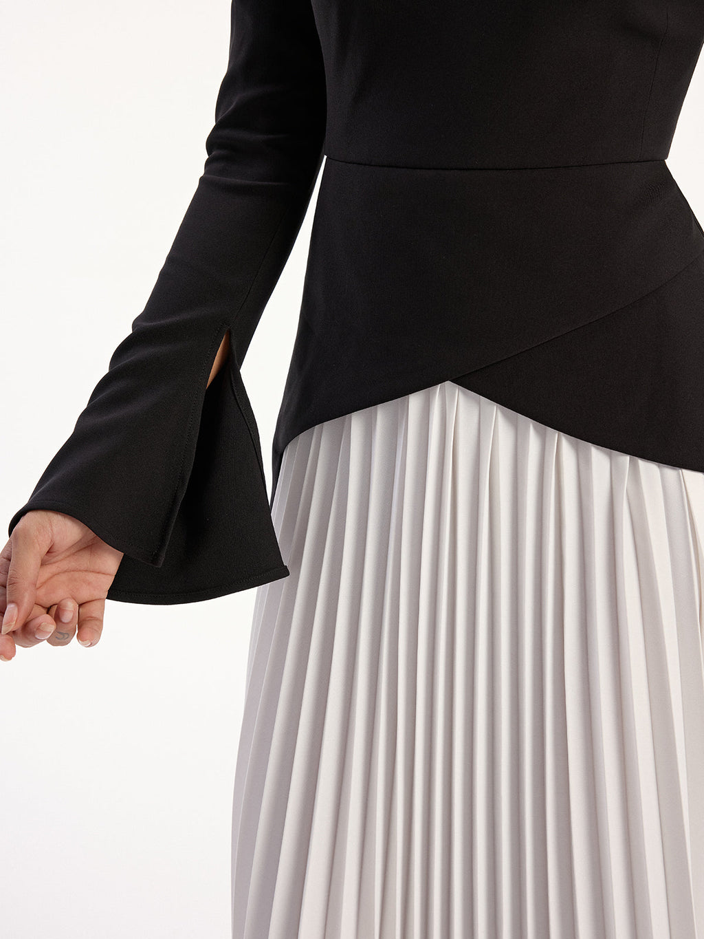 Dual Shade Pleated Long Sleeve Midi Dress