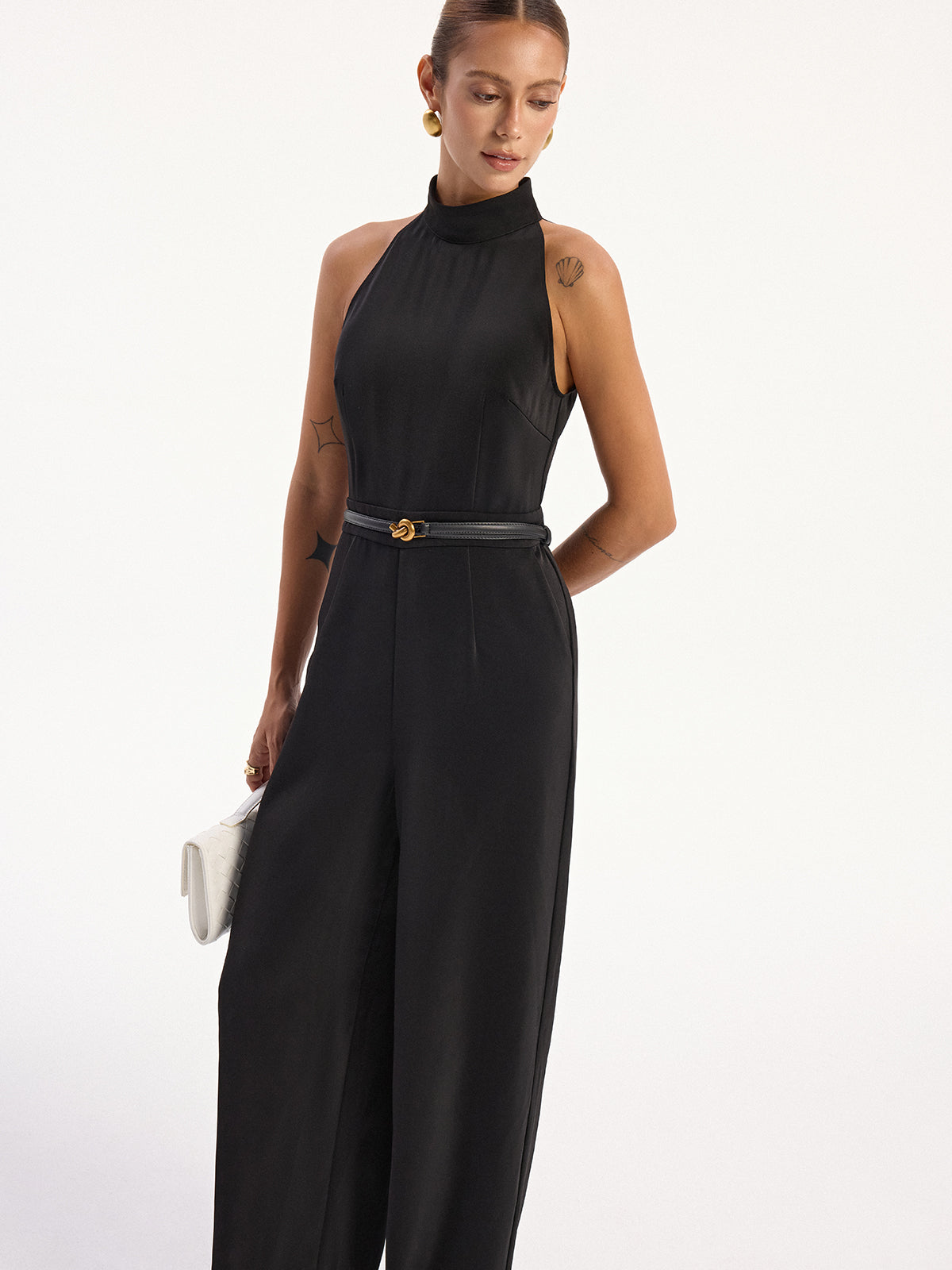 Satin Halter Neck Jumpsuit with Back Slit