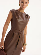 Faux Leather Sleeveless Midi Dress with Belt