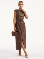 Faux Leather Sleeveless Midi Dress with Belt