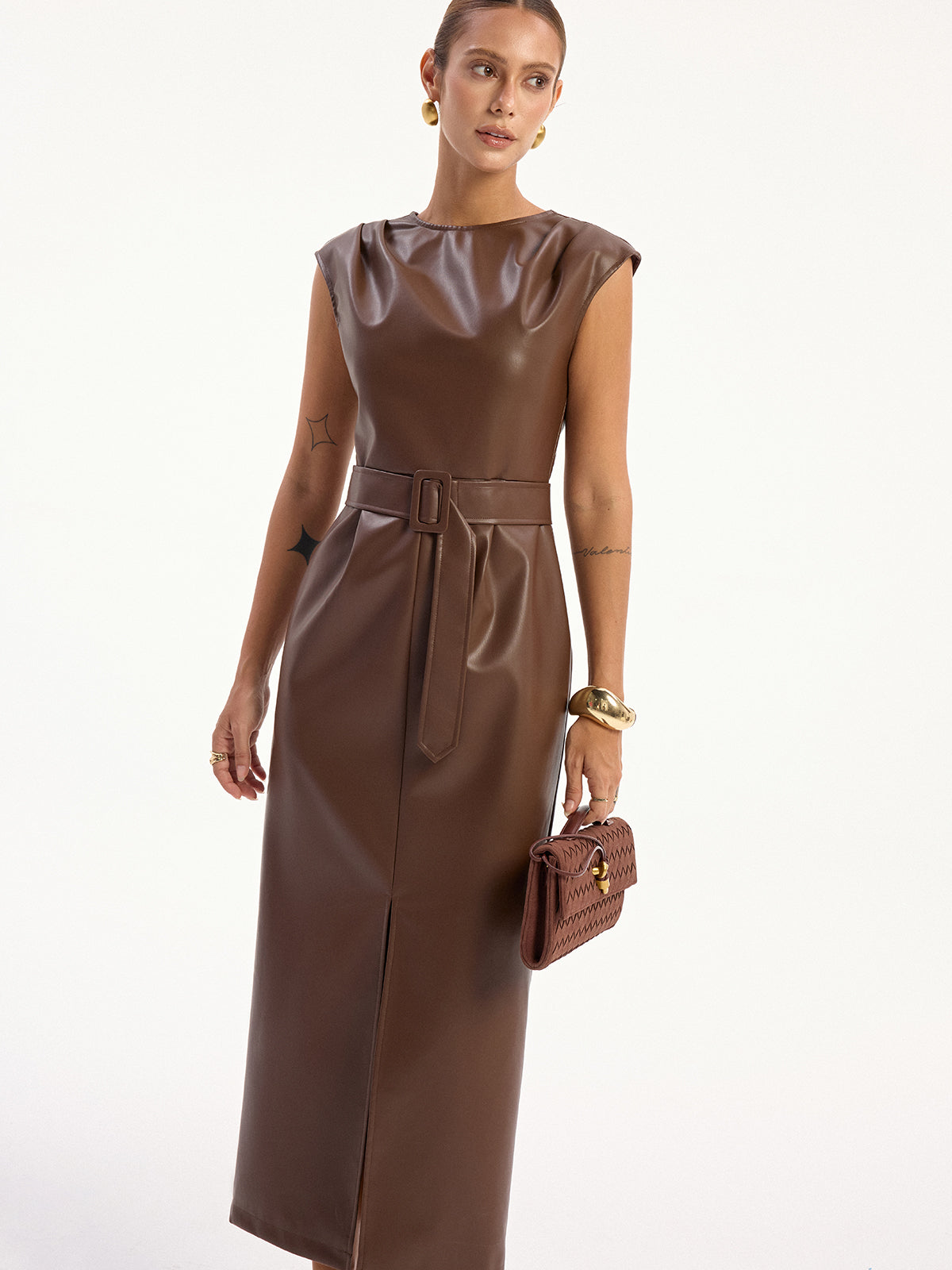 Faux Leather Sleeveless Midi Dress with Belt