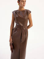 Faux Leather Sleeveless Midi Dress with Belt