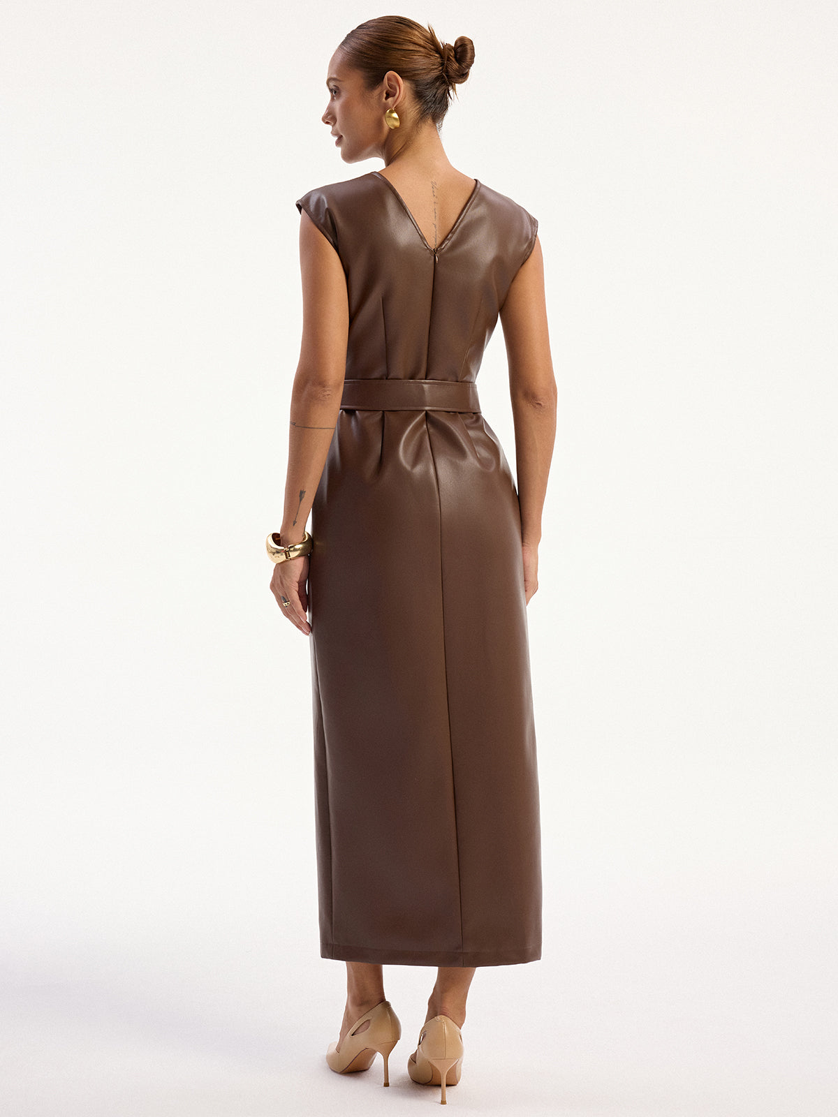 Faux Leather Sleeveless Midi Dress with Belt