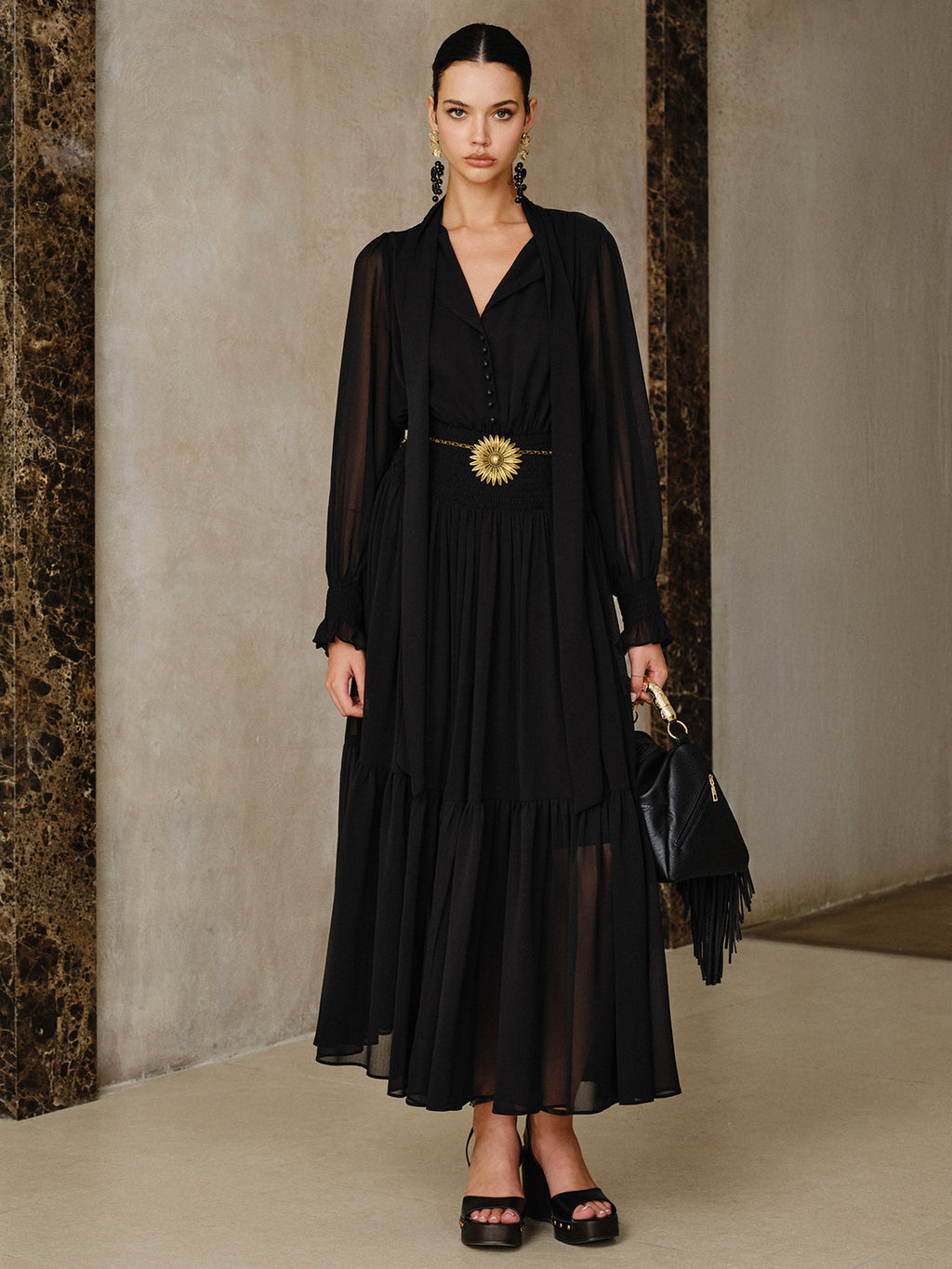 Flowing Chiffon Maxi Dress with Matching Scarf