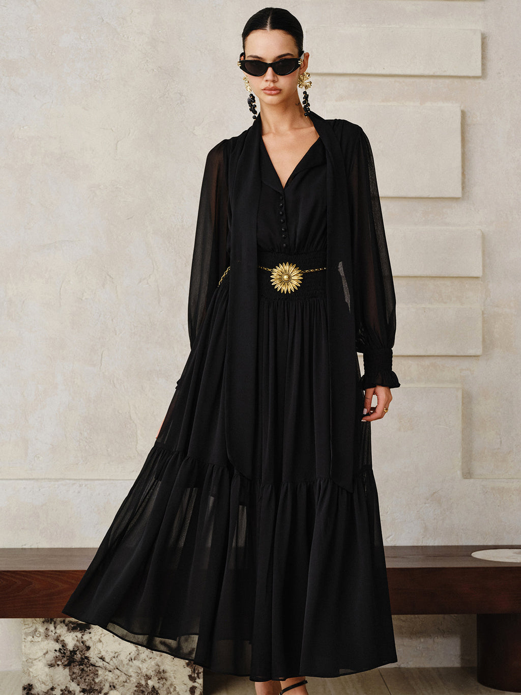 Flowing Chiffon Maxi Dress with Matching Scarf