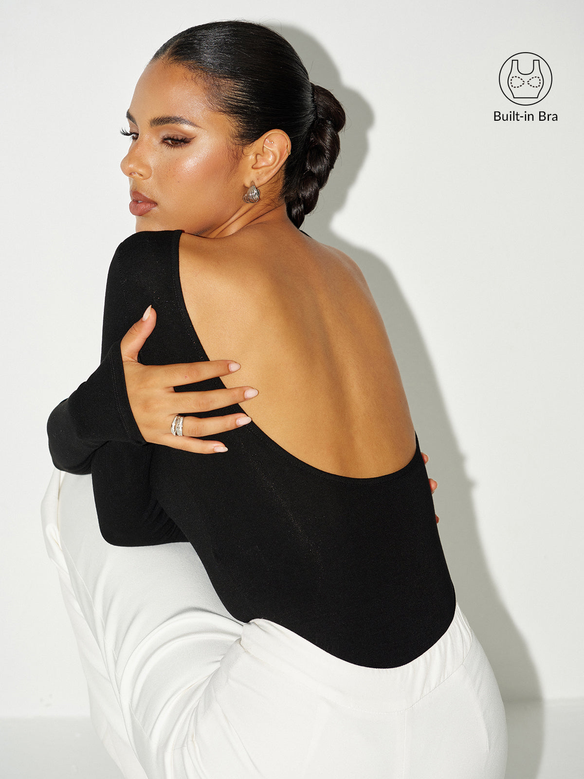 Long Sleeve Backless Bodysuit Without Bra