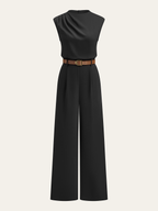 Mock Neck Jumpsuit with Belt and Wide Legs
