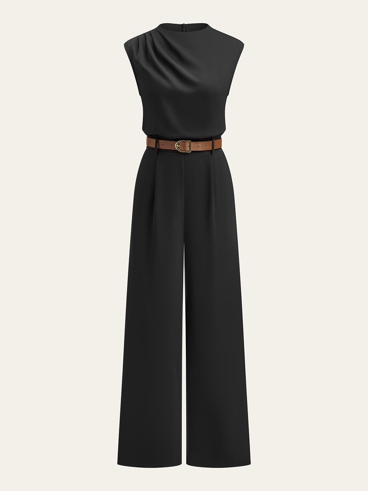 Mock Neck Jumpsuit with Belt and Wide Legs