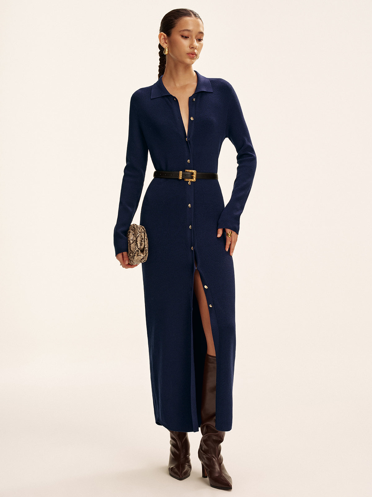 Long Sleeve Knit Maxi Dress with Button Detail