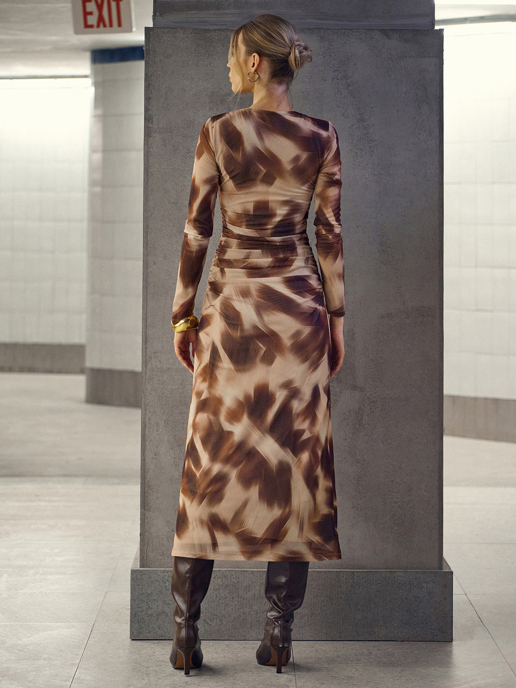Abstract Pattern Twisted Mesh Midi Dress