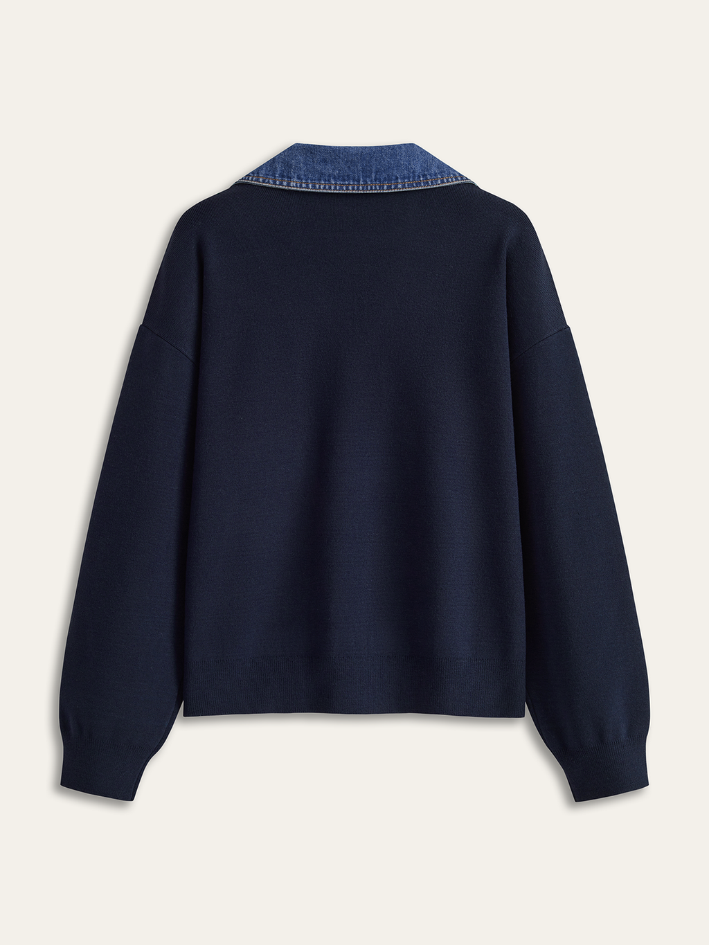 Denim Accented V-Neck Sweater with Collar Detail