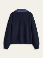 Denim Accented V-Neck Sweater with Collar Detail