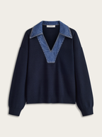 Denim Accented V-Neck Sweater with Collar Detail