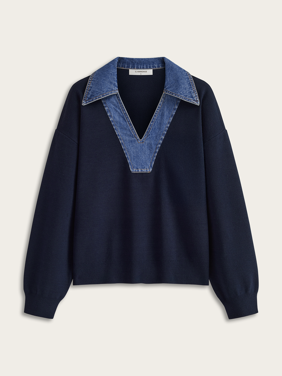 Denim Accented V-Neck Sweater with Collar Detail
