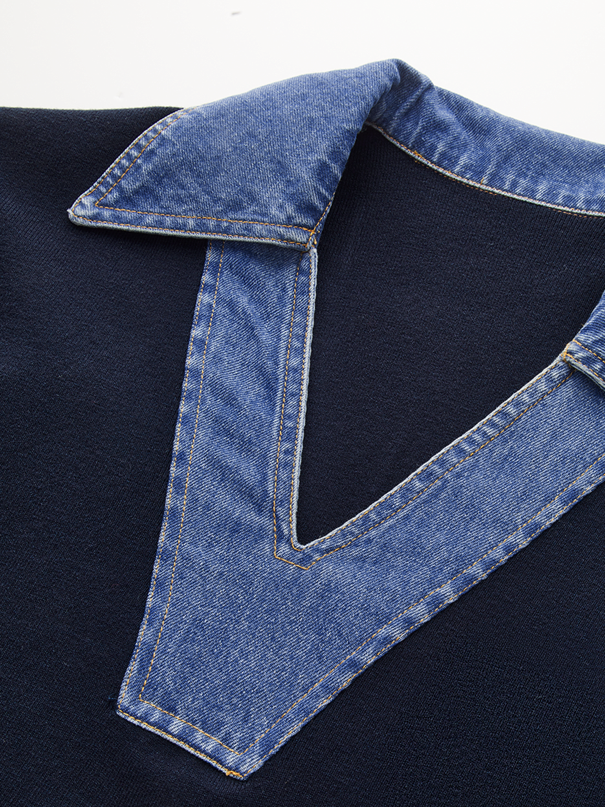 Denim Accented V-Neck Sweater with Collar Detail