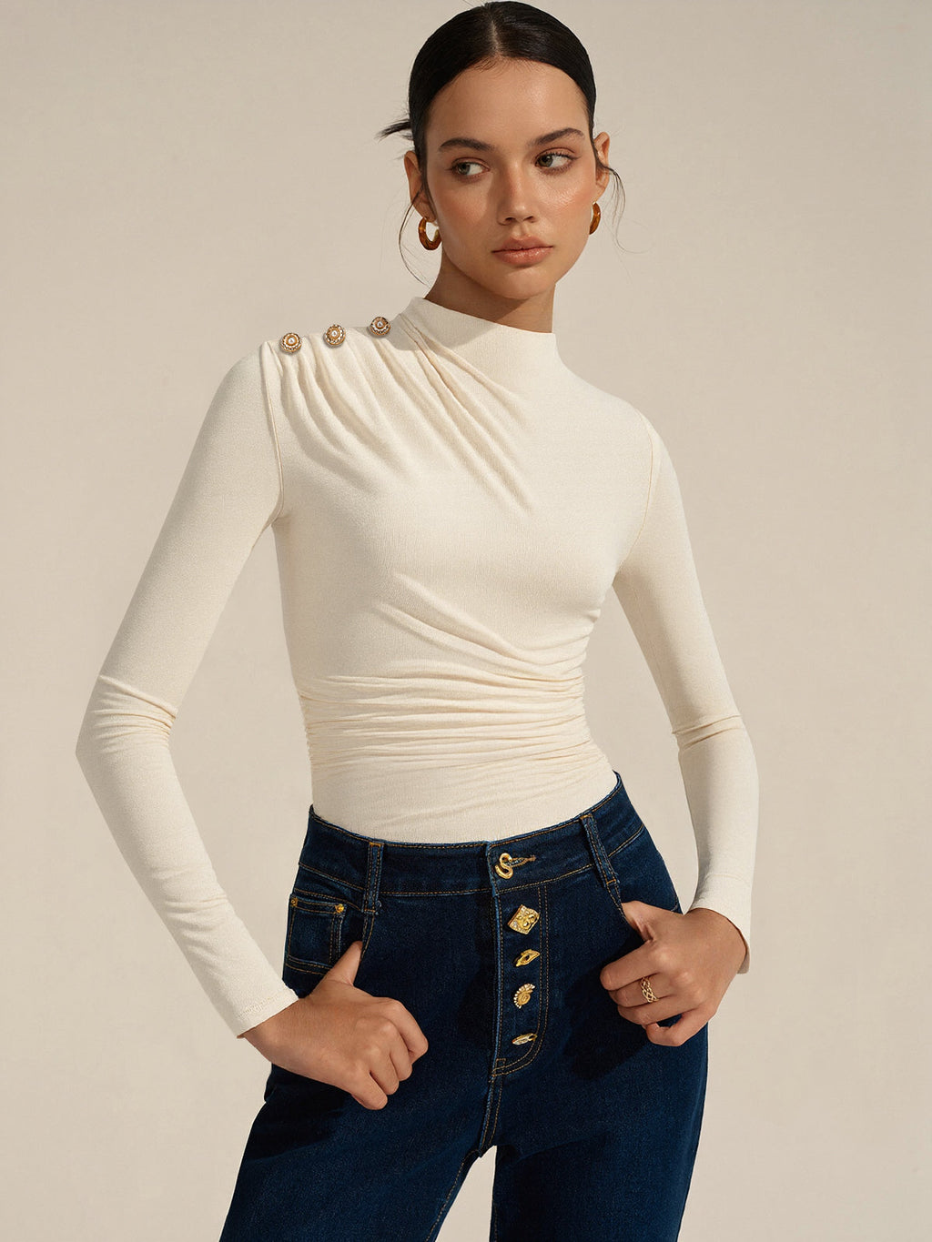 Ruched Shoulder Long Sleeve Fitted Bodysuit