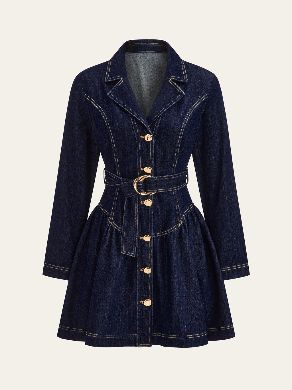 Belted Denim Mini Dress with Metal Buttons Flare