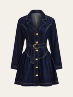 Belted Denim Mini Dress with Metal Button Detail