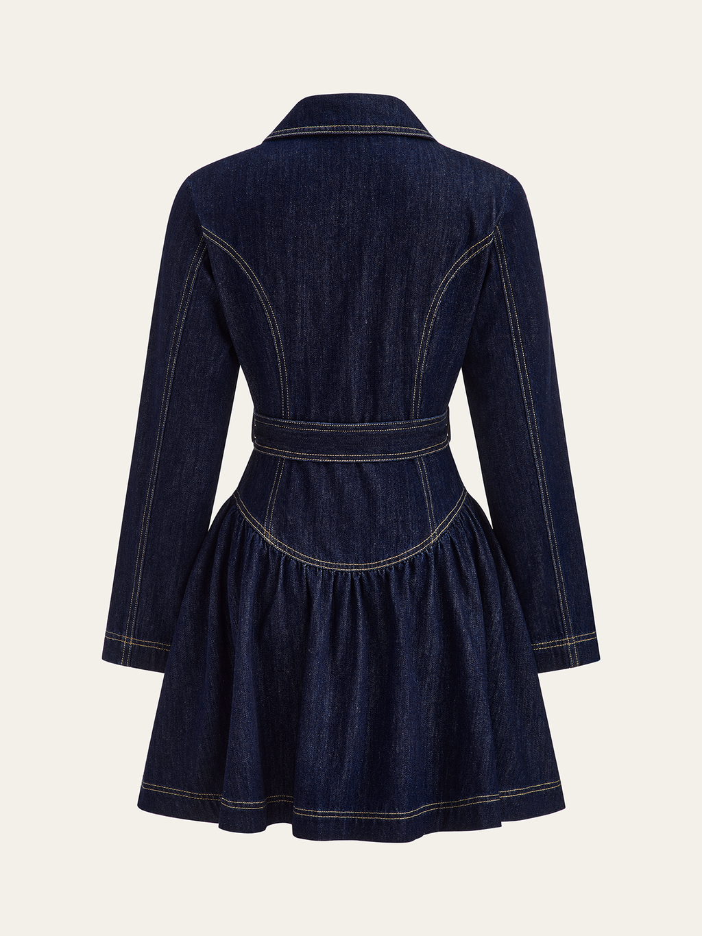 Belted Denim Mini Dress with Metal Buttons Flare
