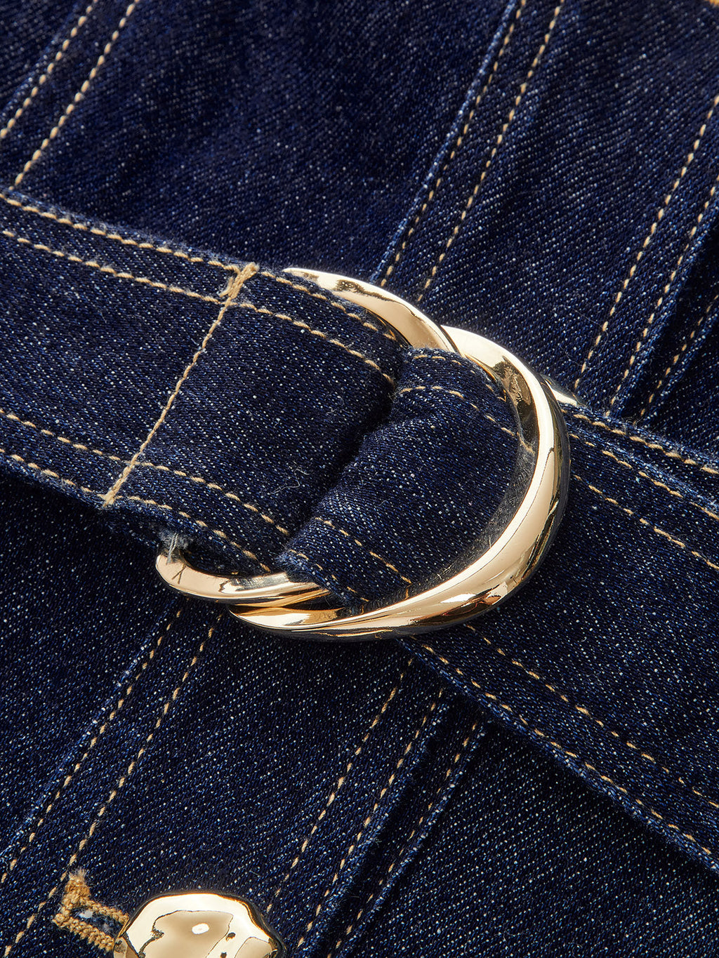 Belted Denim Mini Dress with Metal Buttons Flare