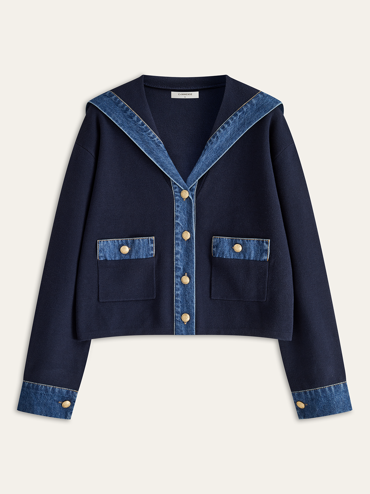Sailor-Inspired Collar Knit with Denim Accents