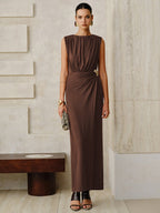 Sleeveless Maxi Dress with Metal Buckle and Ruching