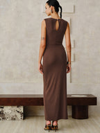 Sleeveless Maxi Dress with Metal Buckle and Ruching