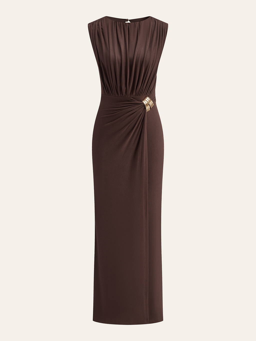 Sleeveless Maxi Dress with Metal Buckle and Ruching