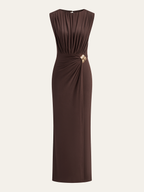 Sleeveless Maxi Dress with Metal Buckle and Ruching