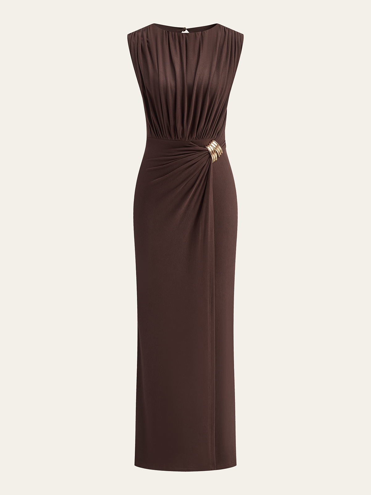 Sleeveless Maxi Dress with Metal Buckle and Ruching