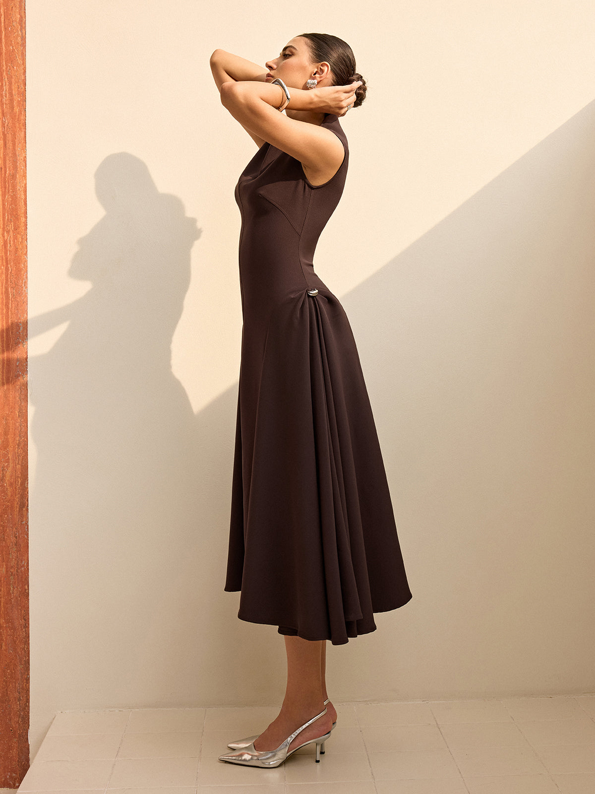 Asymmetrical Neckline Maxi Dress with Cap Sleeves