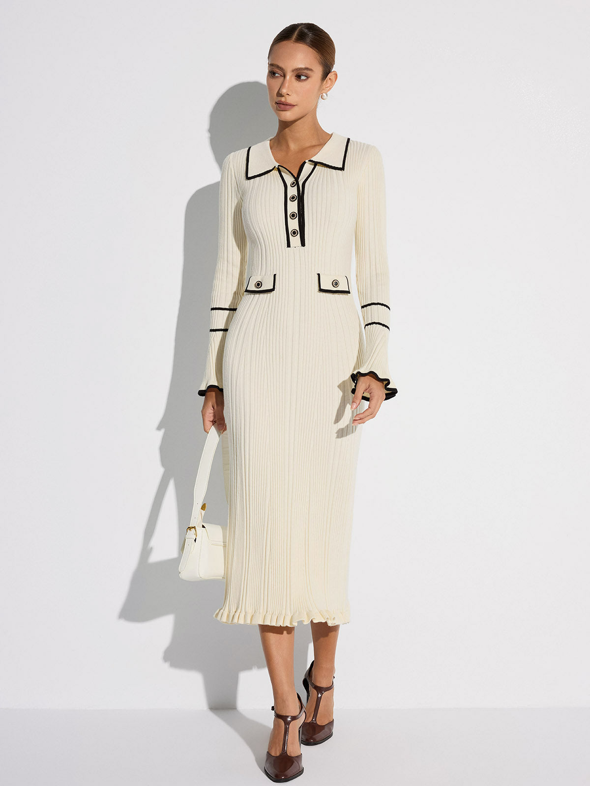 Contrast Trim Sweater Dress with Button Details