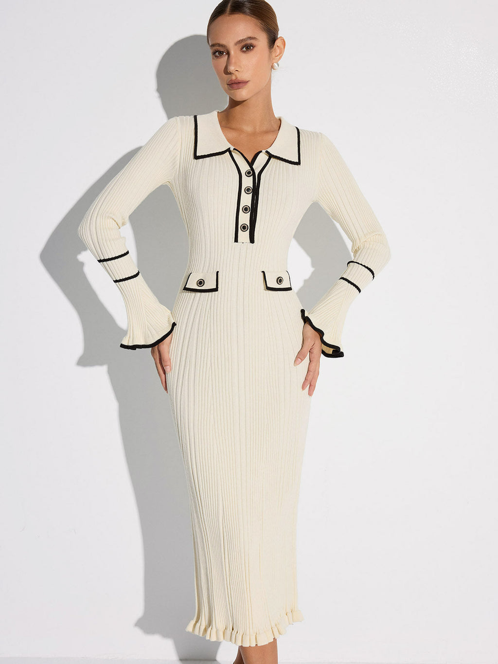 Contrast Trim Sweater Dress with Button Details