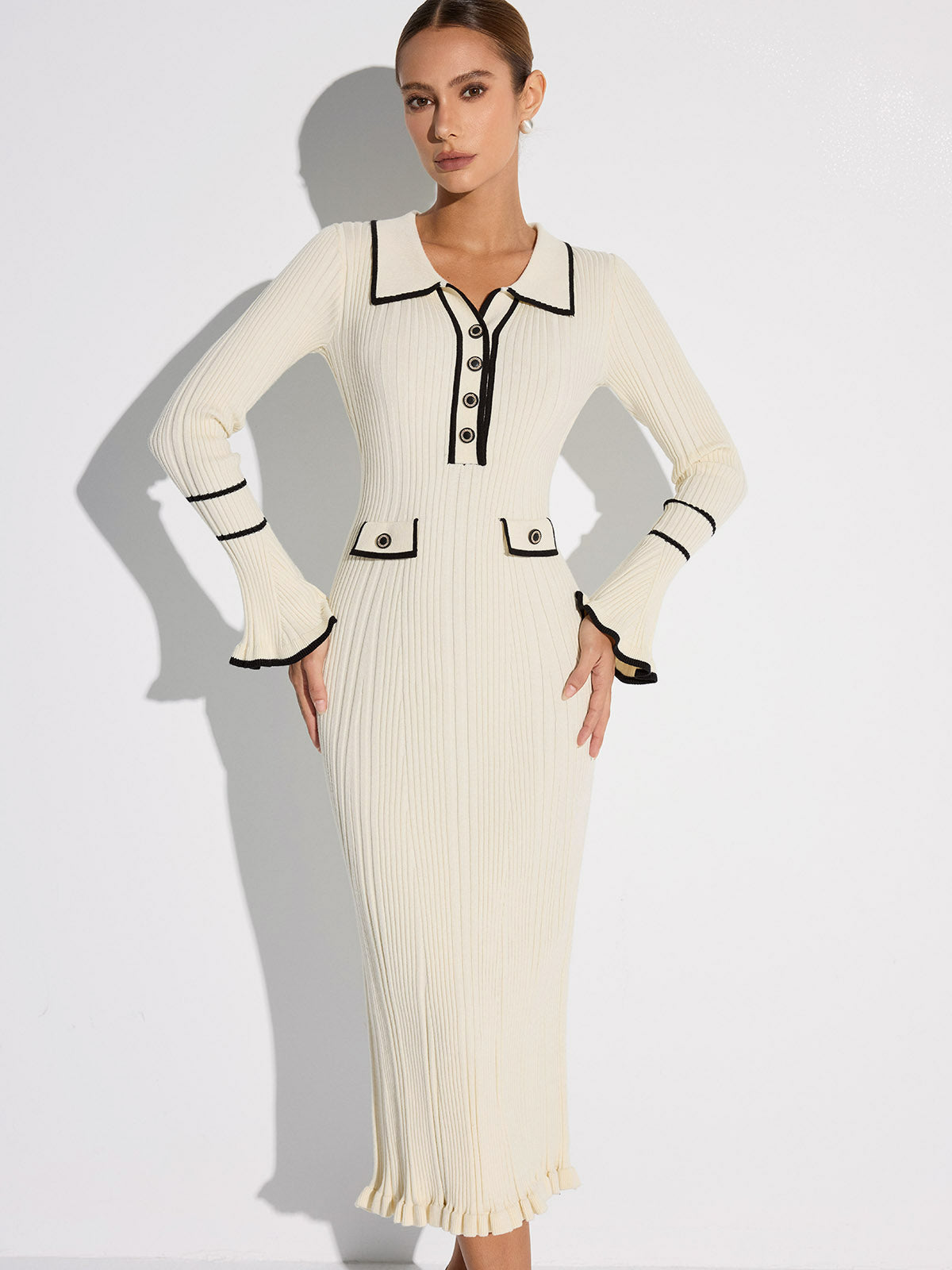 Contrast Trim Sweater Dress with Button Details